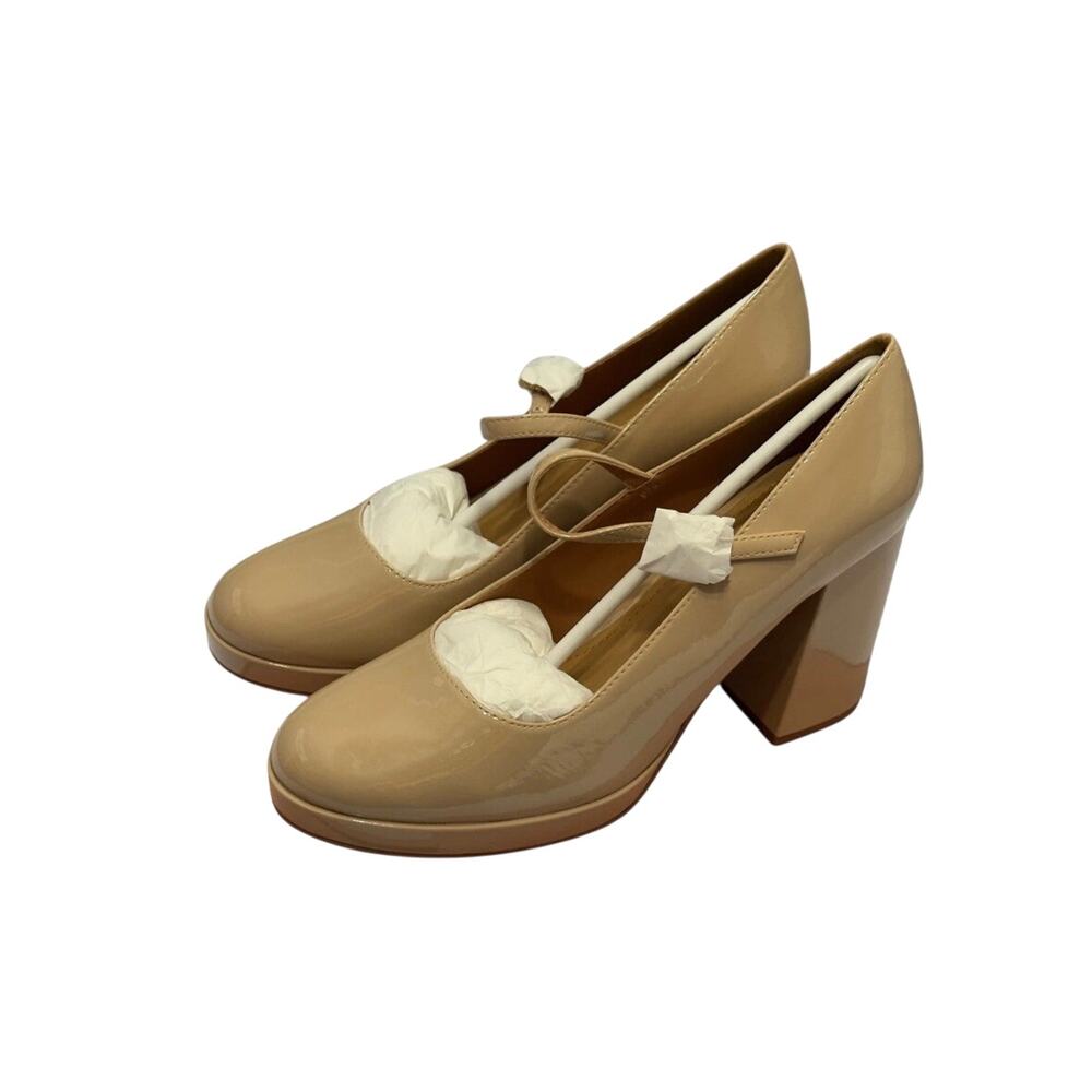 Lisa Vicky Bobble-V Beige Patent PU Chunky Heels Mary Jane Strap Size 9M NEW